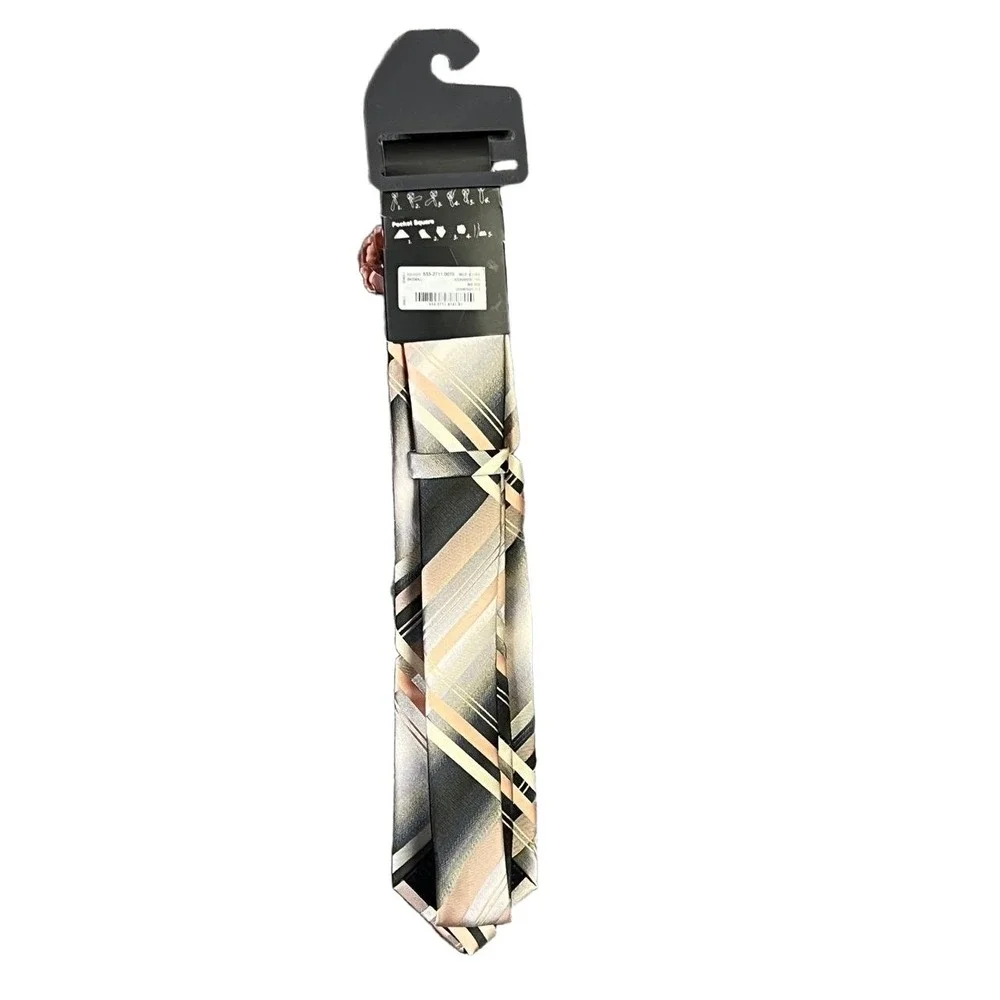 JF J Ferrar Tie 3PC Set‎ Plaid Pattern Grey Pink Modern Necktie Pocket Square OS